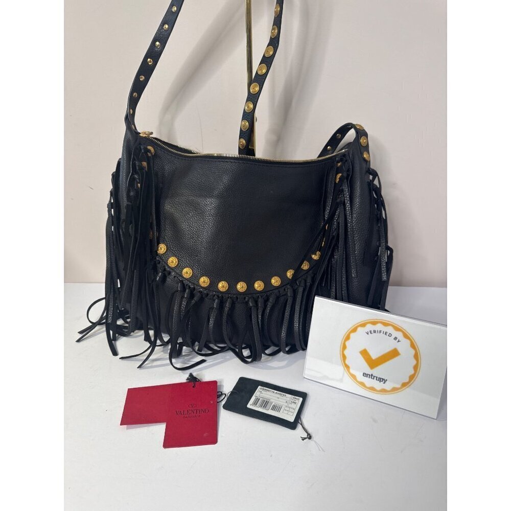 Valentino C-Rockee Fringe Hobo Black Leather Shoulder Bag With Gold Studs - Picture 5 of 9